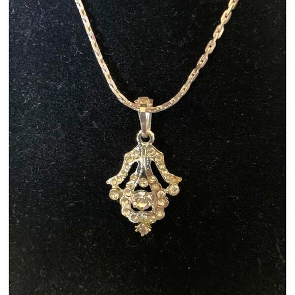 Vintage Clear Rhinestone Pendant Necklace, in Silver, Unmarked - Picture 1 of 4